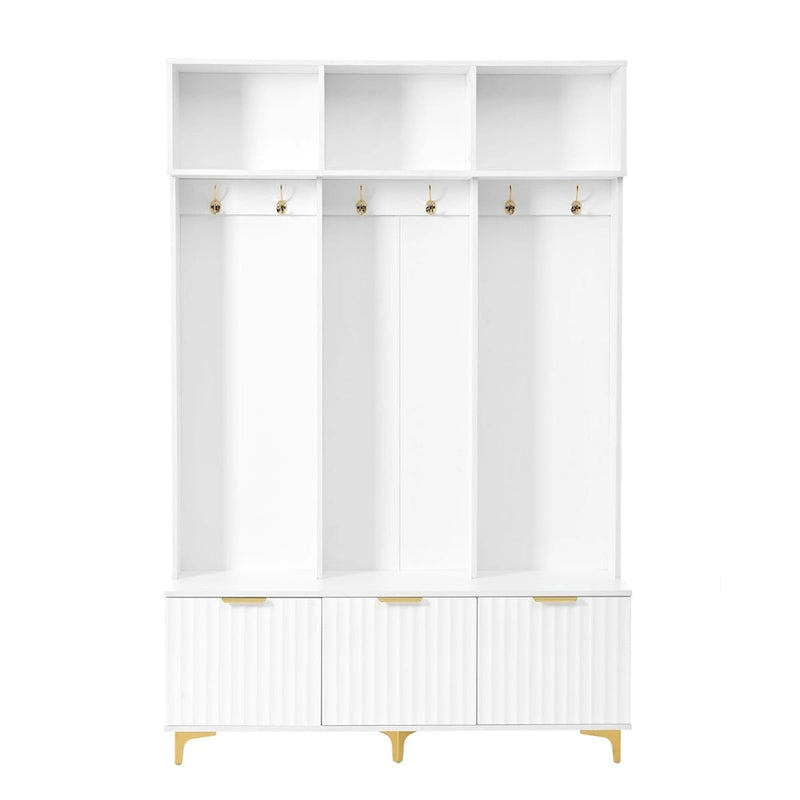 Meuble d'entrée avec banc de rangement, Banc de rangement multifonctionnel avec portes cannelées très brillantes, Portemanteau avec 6 crochets et pieds