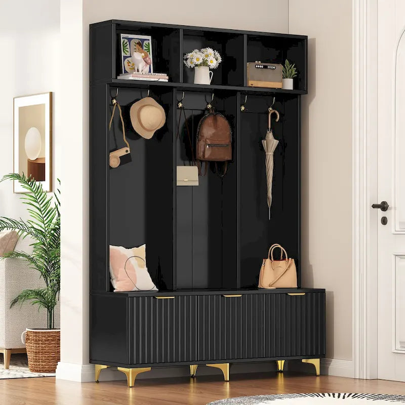 Meuble d'entrée avec banc de rangement, Banc de rangement multifonctionnel avec portes cannelées très brillantes, Portemanteau avec 6 crochets et pieds