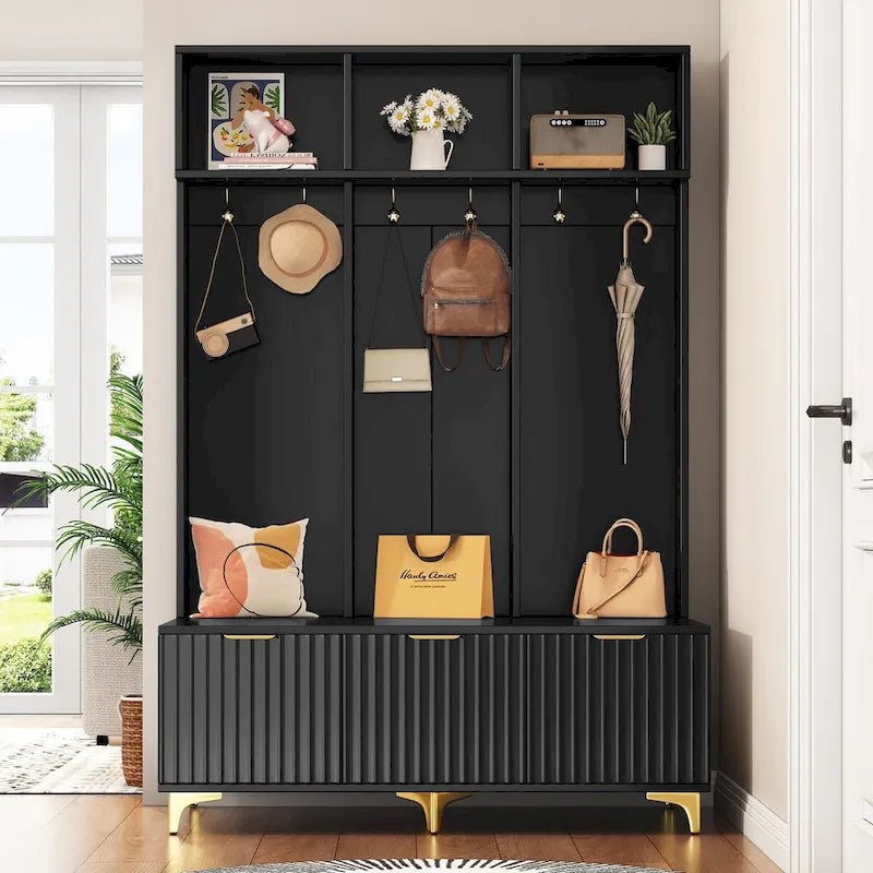 Meuble d'entrée avec banc de rangement, Banc de rangement multifonctionnel avec portes cannelées très brillantes, Portemanteau avec 6 crochets et pieds