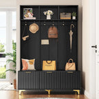 Meuble d'entrée avec banc de rangement, Banc de rangement multifonctionnel avec portes cannelées très brillantes, Portemanteau avec 6 crochets et pieds