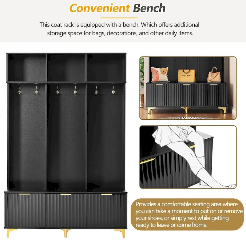 Meuble d'entrée avec banc de rangement, Banc de rangement multifonctionnel avec portes cannelées très brillantes, Portemanteau avec 6 crochets et pieds