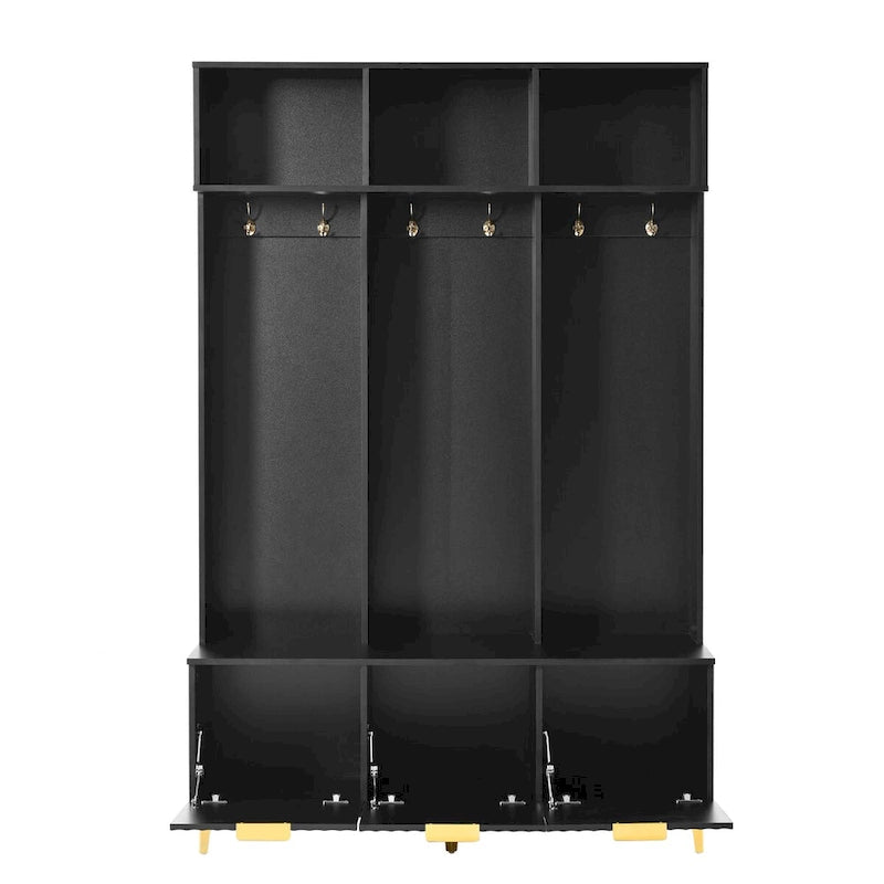 Meuble d'entrée avec banc de rangement, Banc de rangement multifonctionnel avec portes cannelées très brillantes, Portemanteau avec 6 crochets et pieds