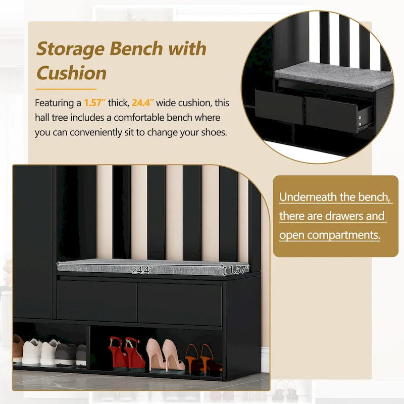 39,3Lx70,8H Meuble d'entrée avec banc de rangement rembourré, meuble à chaussures multifonctionnel pour couloir, panneau perforé, porte-manteau, 4 crochets