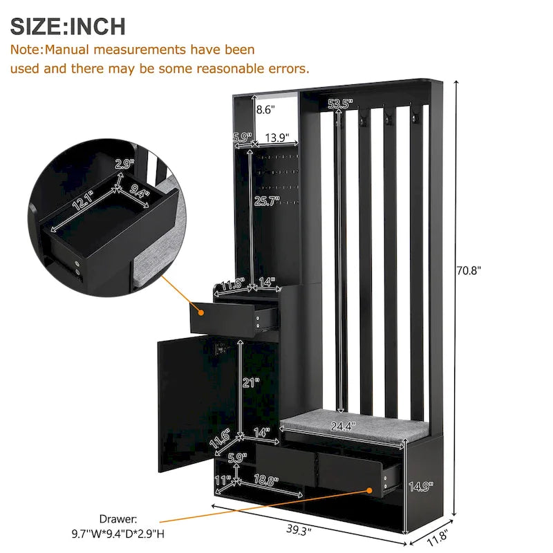 39,3Lx70,8H Meuble d'entrée avec banc de rangement rembourré, meuble à chaussures multifonctionnel pour couloir, panneau perforé, porte-manteau, 4 crochets
