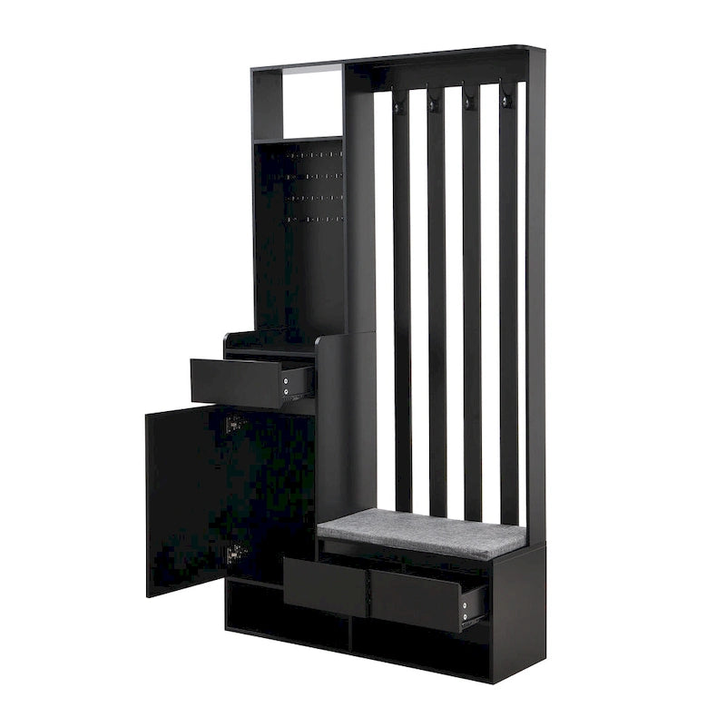 39,3Lx70,8H Meuble d'entrée avec banc de rangement rembourré, meuble à chaussures multifonctionnel pour couloir, panneau perforé, porte-manteau, 4 crochets