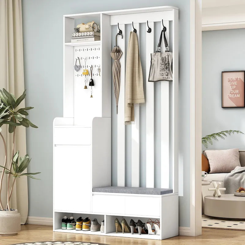 39,3Lx70,8H Meuble d'entrée avec banc de rangement rembourré, meuble à chaussures multifonctionnel pour couloir, panneau perforé, porte-manteau, 4 crochets