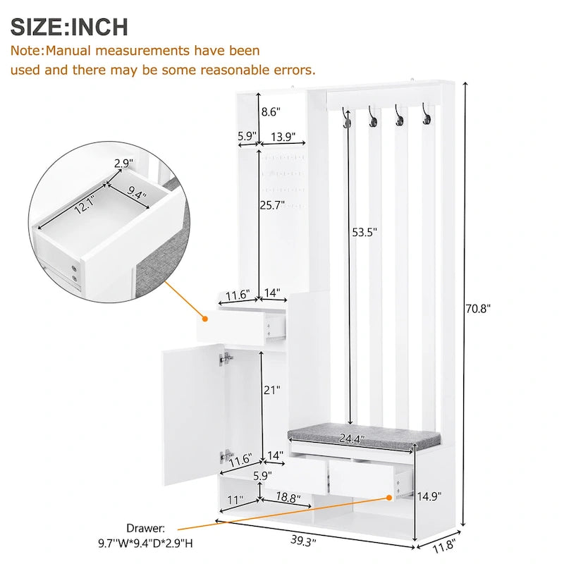 39,3Lx70,8H Meuble d'entrée avec banc de rangement rembourré, meuble à chaussures multifonctionnel pour couloir, panneau perforé, porte-manteau, 4 crochets