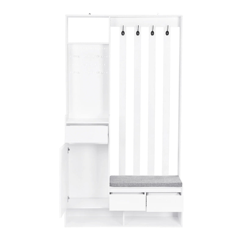 39,3Lx70,8H Meuble d'entrée avec banc de rangement rembourré, meuble à chaussures multifonctionnel pour couloir, panneau perforé, porte-manteau, 4 crochets