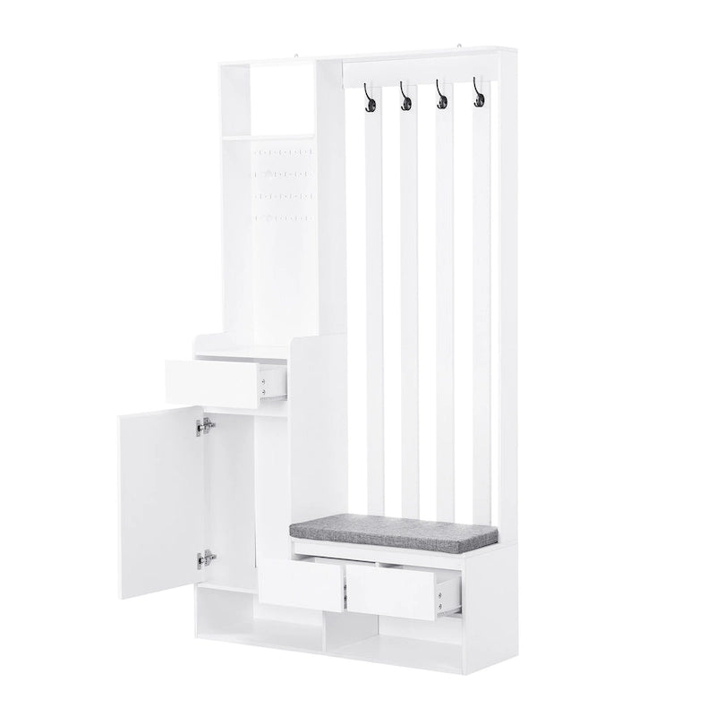 39,3Lx70,8H Meuble d'entrée avec banc de rangement rembourré, meuble à chaussures multifonctionnel pour couloir, panneau perforé, porte-manteau, 4 crochets