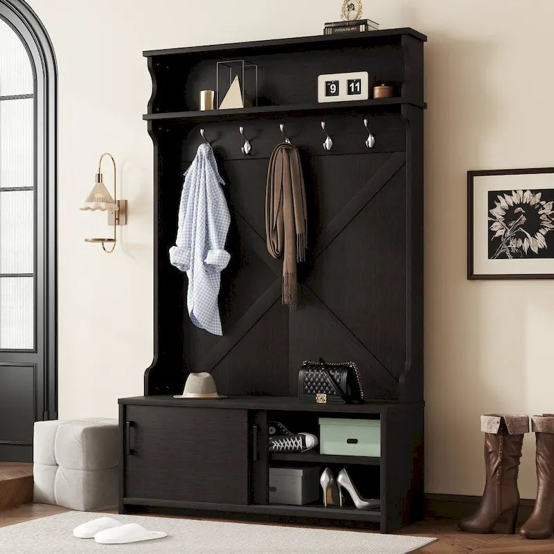 Meuble d'entrée avec étagère supérieure et banc de rangement, Armoire à chaussures de couloir avec portes coulissantes, Porte-manteau avec 5 crochets de suspension