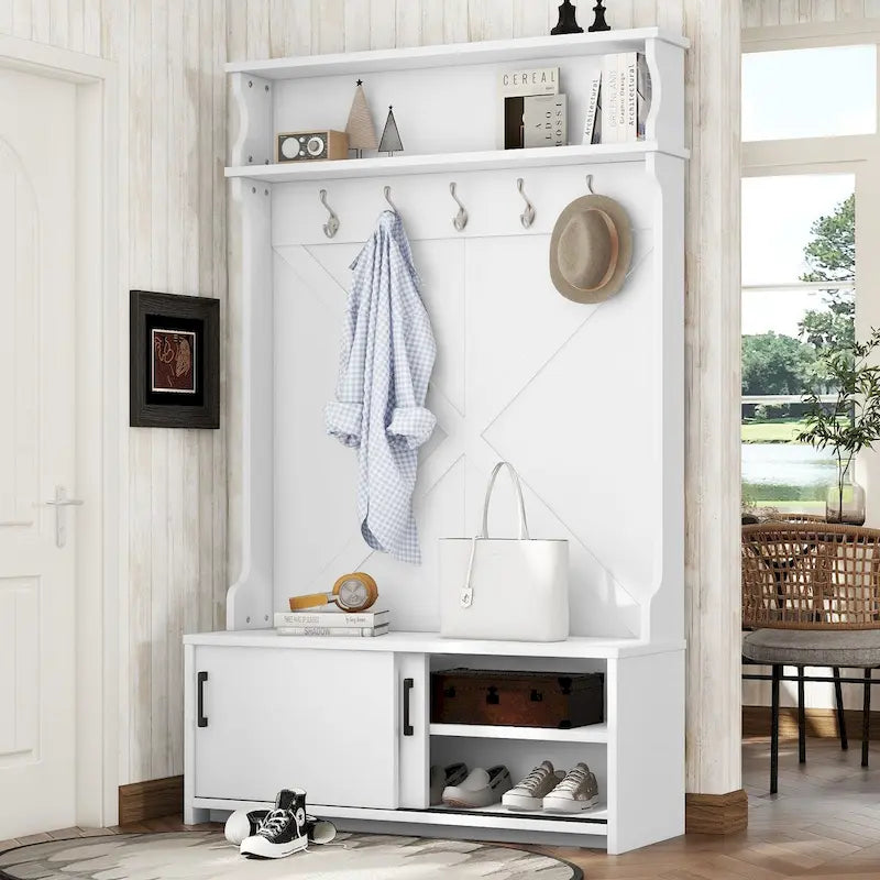 Meuble d'entrée avec étagère supérieure et banc de rangement, Armoire à chaussures de couloir avec portes coulissantes, Porte-manteau avec 5 crochets de suspension