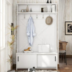Meuble d'entrée avec étagère supérieure et banc de rangement, Armoire à chaussures de couloir avec portes coulissantes, Porte-manteau avec 5 crochets de suspension